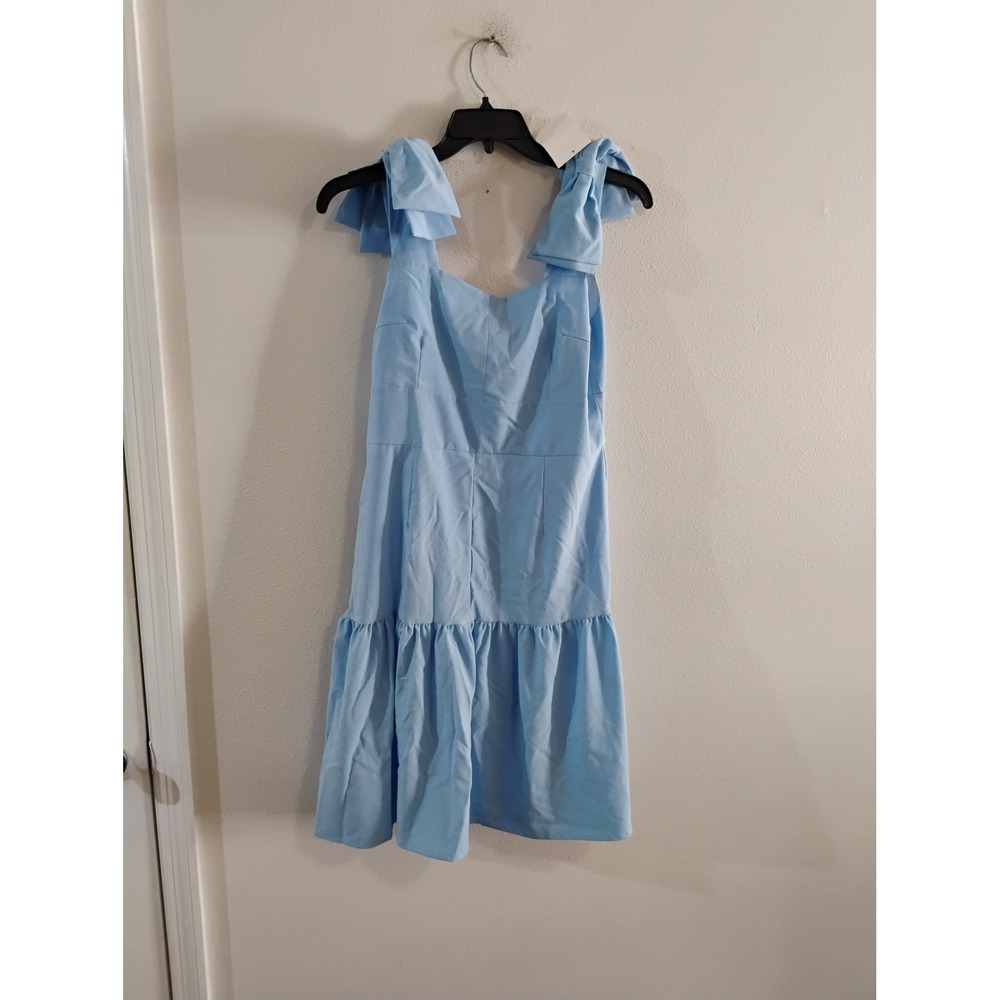 Dondolo Light Blue Bow Shoulder Tiered Ruffle Mini Dress Large NWT